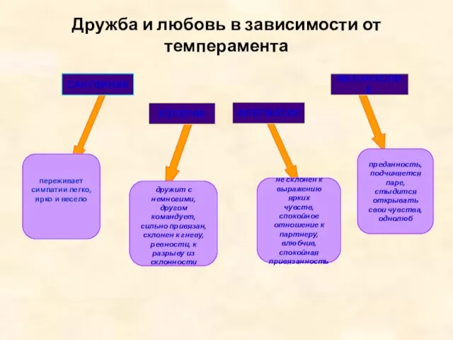 Дружба и любовь в зависимости от темперамента ФЛЕГМАТИК ХОЛЕРИК МЕЛАНХОЛИК САНГВИНИК дружит