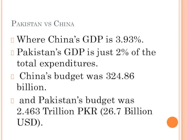 Pakistan vs China Where China’s GDP is 3.93%. Pakistan’s GDP is just