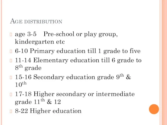 Age distribution age 3-5 Pre-school or play group, kindergarten etc 6-10 Primary