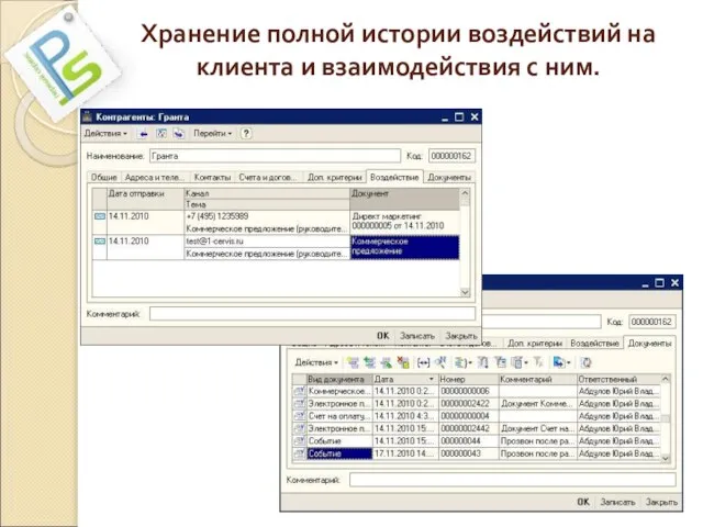 Хранение полной истории воздействий на клиента и взаимодействия с ним.