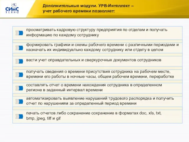 Дополнительные модули. УРВ-Интеллект – учет рабочего времени позволяет: просматривать кадровую структуру предприятия