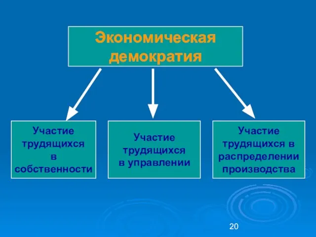 Экономическая демократия Участие трудящихся в собственности Участие трудящихся в управлении Участие трудящихся в распределении производства