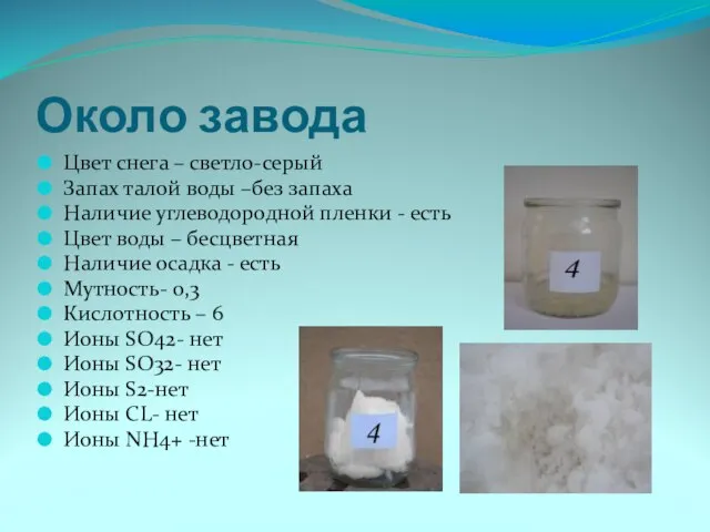 Около завода Цвет снега – светло-серый Запах талой воды –без запаха Наличие