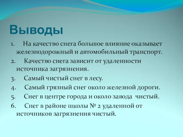 Выводы 1. На качество снега большое влияние оказывает железнодорожный и автомобильный транспорт.