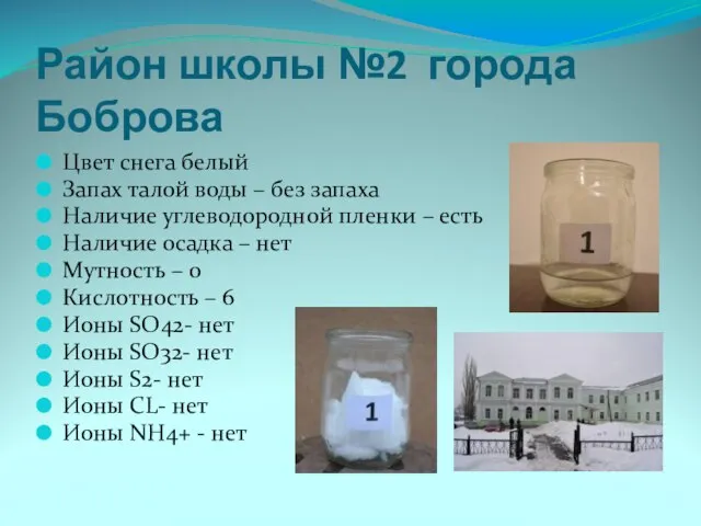 Район школы №2 города Боброва Цвет снега белый Запах талой воды –