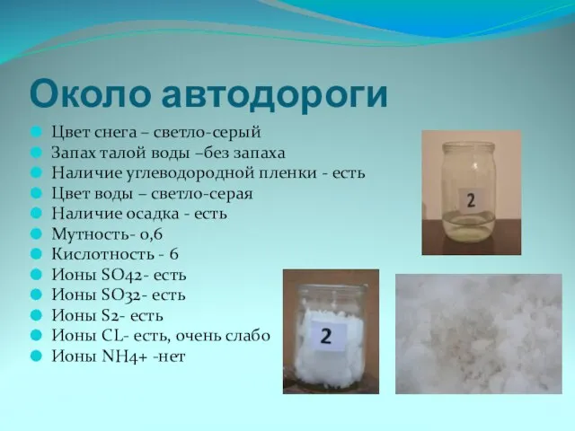 Около автодороги Цвет снега – светло-серый Запах талой воды –без запаха Наличие