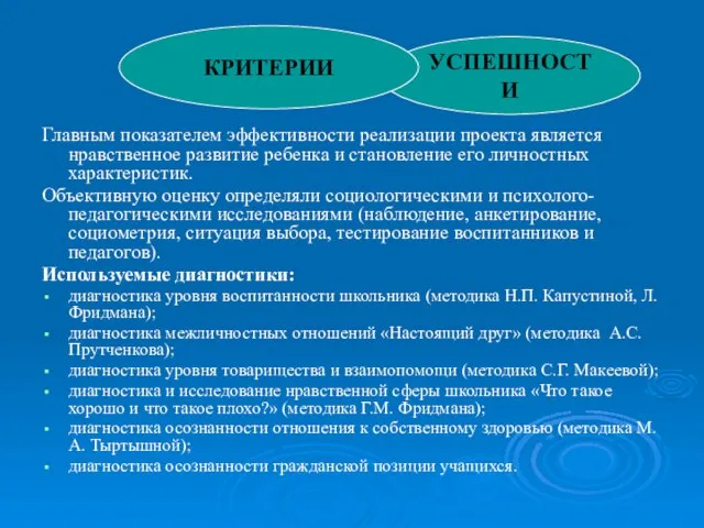 Главным показателем эффективности реализации проекта является нравственное развитие ребенка и становление его