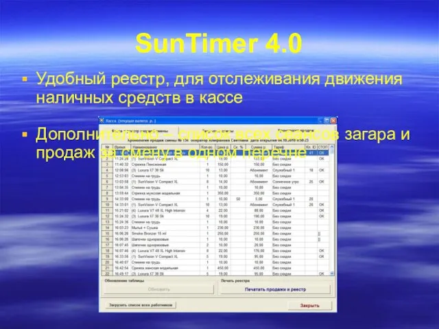 Удобный реестр, для отслеживания движения наличных средств в кассе SunTimer 4.0 Дополнительно