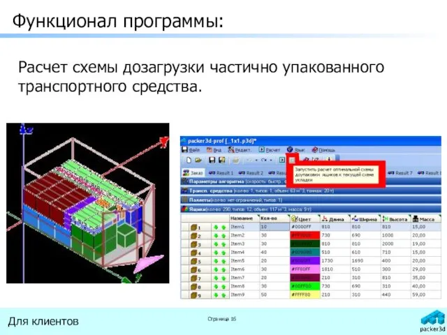 Функционал программы: Расчет схемы дозагрузки частично упакованного транспортного средства.