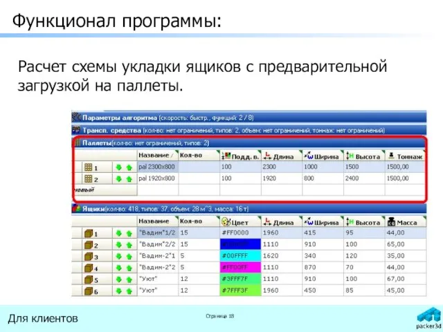 Функционал программы: Расчет схемы укладки ящиков с предварительной загрузкой на паллеты.