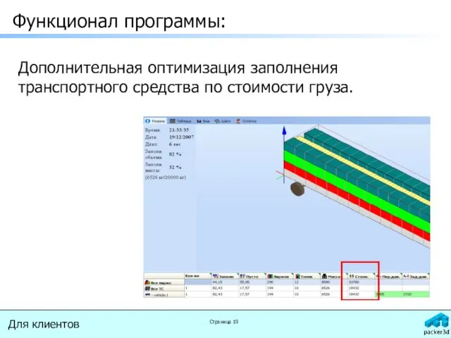 Функционал программы: Дополнительная оптимизация заполнения транспортного средства по стоимости груза.