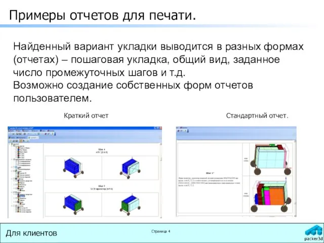 Примеры отчетов для печати. Краткий отчет Стандартный отчет. Найденный вариант укладки выводится