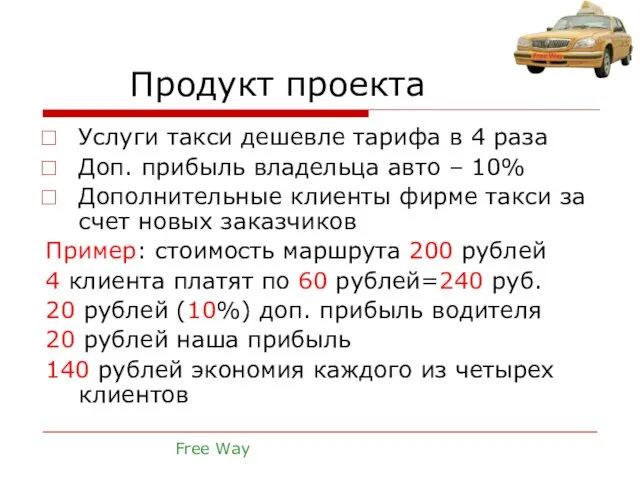 Продукт проекта Услуги такси дешевле тарифа в 4 раза Доп. прибыль владельца