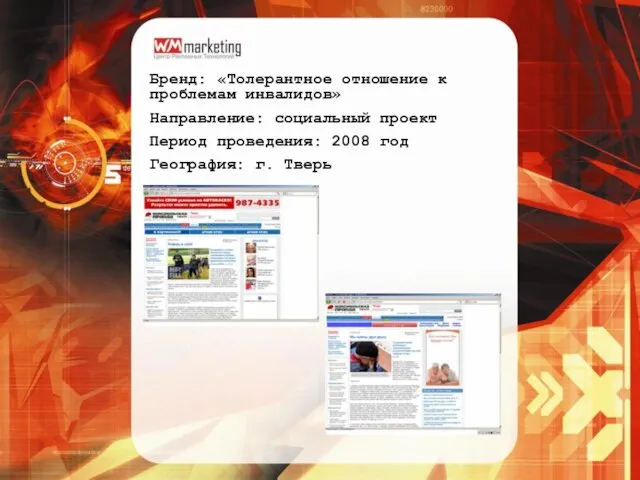 Бренд: «Толерантное отношение к проблемам инвалидов» Направление: социальный проект Период проведения: 2008