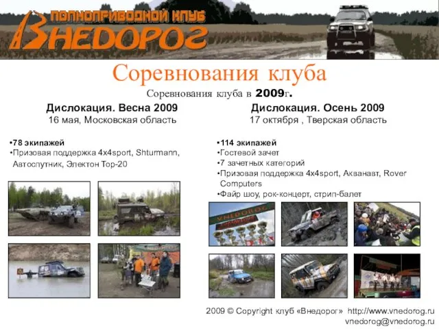 Соревнования клуба Соревнования клуба в 2009г. 2009 © Copyright клуб «Внедорог» http://www.vnedorog.ru