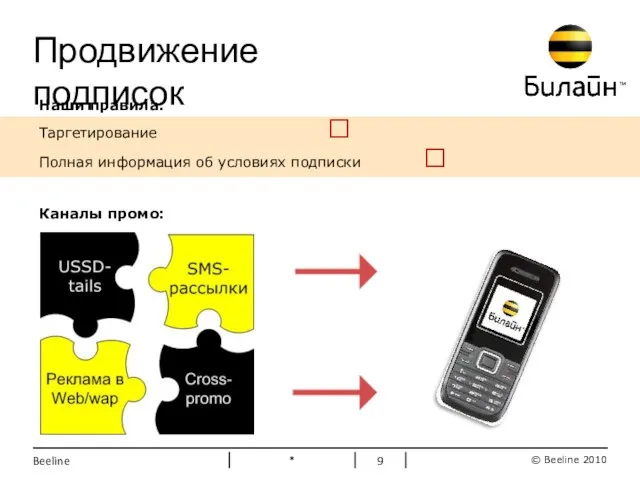 * Beeline Продвижение подписок Наши правила: Таргетирование ? Полная информация об условиях подписки ? Каналы промо: