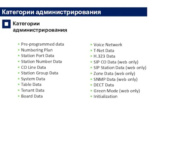 Pre-programmed data Numbering Plan Station Port Data Station Number Data CO Line