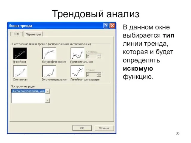 Трендовый анализ В данном окне выбирается тип линии тренда, которая и будет определять искомую функцию.