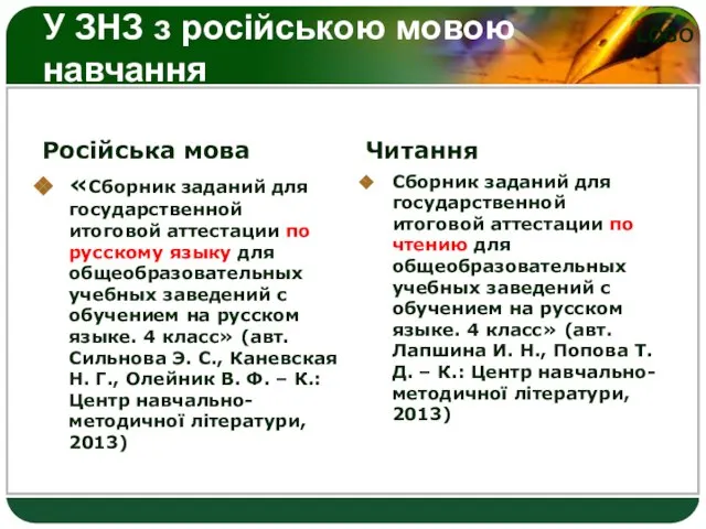 У ЗНЗ з російською мовою навчання Російська мова «Сборник заданий для государственной