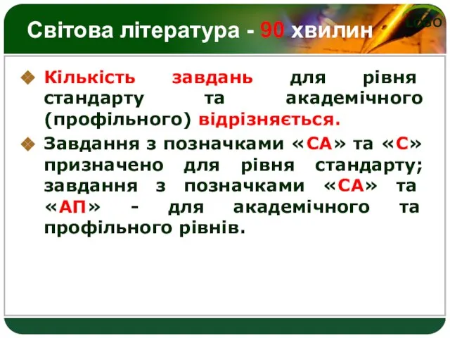 Світова література - 90 хвилин Кількість завдань для рівня стандарту та академічного