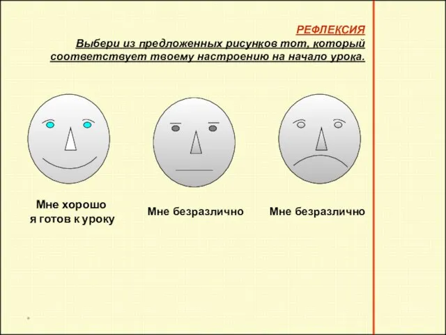 * РЕФЛЕКСИЯ Выбери из предложенных рисунков тот, который соответствует твоему настроению на