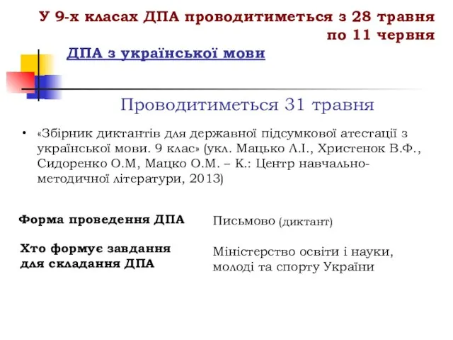 ДПА з української мови У 9-х класах ДПА проводитиметься з 28 травня