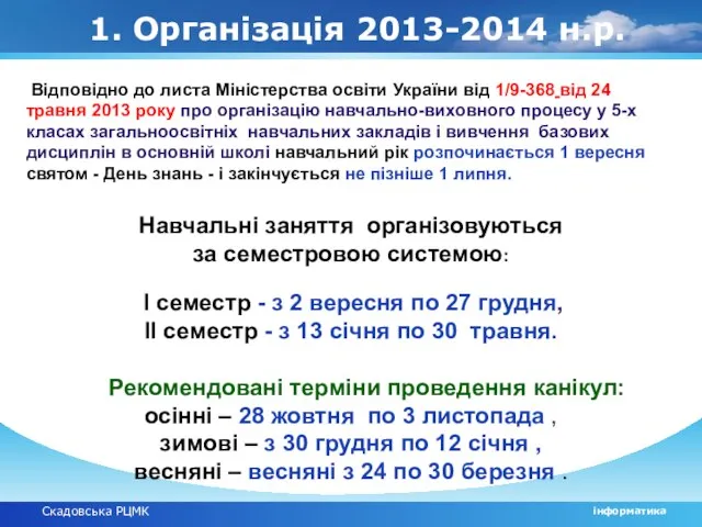 Скадовська РЦМК інформатика 1. Організація 2013-2014 н.р. Відповідно до листа Міністерства освіти