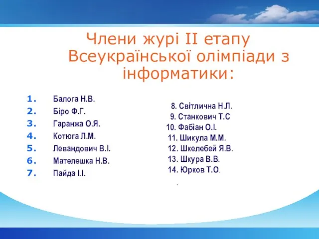Члени журі ІІ етапу Всеукраїнської олімпіади з інформатики: Балога Н.В. Біро Ф.Г.