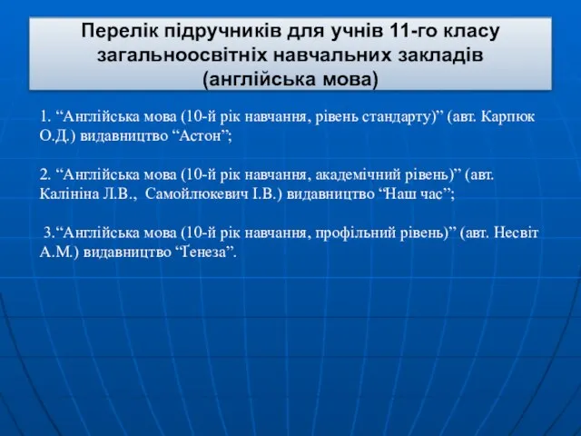 Перелік підручників для учнів 11-го класу загальноосвітніх навчальних закладів (англійська мова) 1.