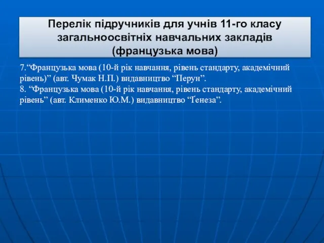 Перелік підручників для учнів 11-го класу загальноосвітніх навчальних закладів (французька мова) 7.“Французька