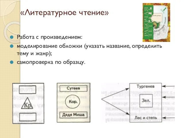 «Литературное чтение» Работа с произведением: моделирование обложки (указать название, определить тему и жанр); самопроверка по образцу.