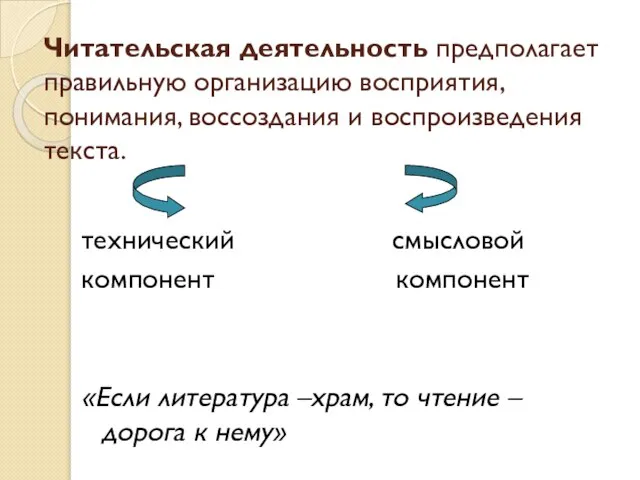 Читательская деятельность предполагает правильную организацию восприятия, понимания, воссоздания и воспроизведения текста. технический