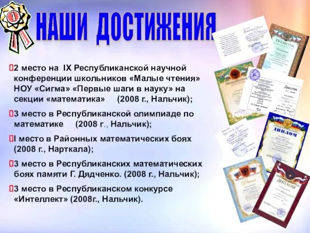 НАШИ ДОСТИЖЕНИЯ 2 место на IX Республиканской научной конференции школьников «Малые чтения»