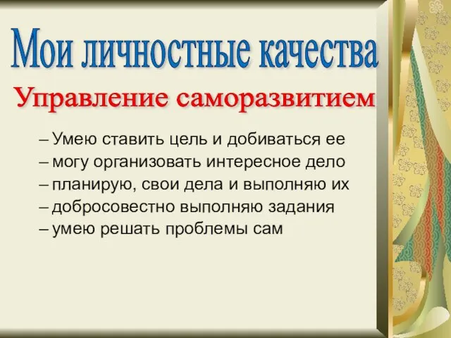 Мои личностные качества Управление саморазвитием Умею ставить цель и добиваться ее могу