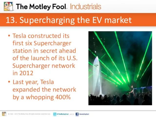 13. Supercharging the EV market Tesla constructed its first six Supercharger station