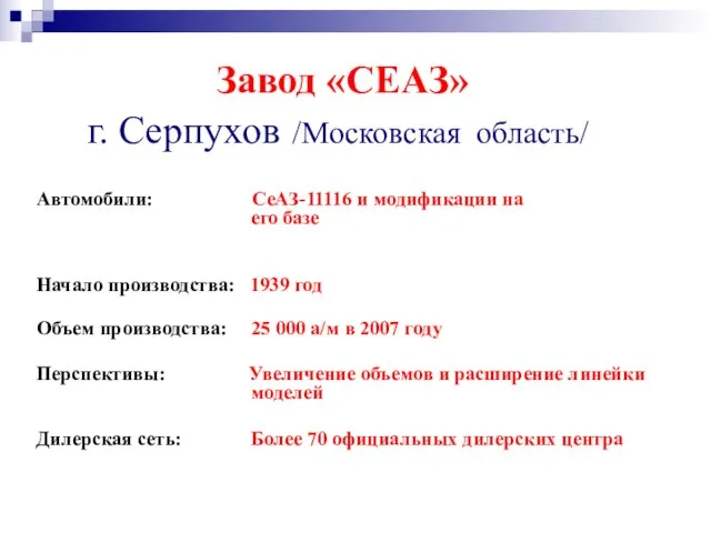 Завод «СЕАЗ» г. Серпухов /Московская область/ Автомобили: СеАЗ-11116 и модификации на его
