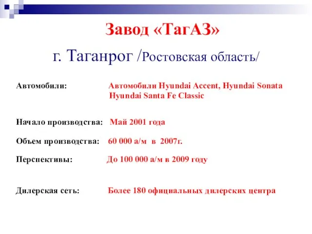 Завод «ТагАЗ» г. Таганрог /Ростовская область/ Автомобили: Автомобили Hyundai Accent, Hyundai Sonata