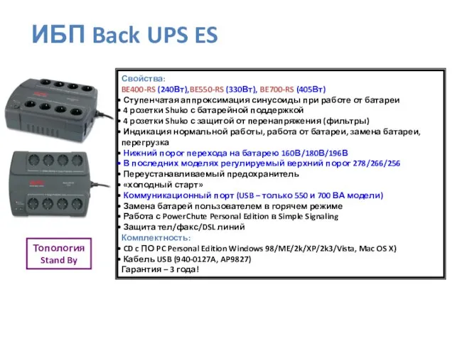 Топология Stand By Свойства: BE400-RS (240Вт),BE550-RS (330Вт), BE700-RS (405Вт) Ступенчатая аппроксимация синусоиды