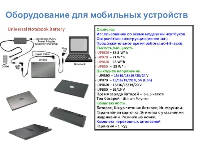 Свойства Использование со всеми моделями ноутбуков Сверхлёгкая конструкция (менее 1кг.) Продолжительное время