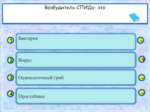 Бактерия 1 2 3 4 Вирус Одноклеточный гриб Простейшее - + - - Возбудитель СПИДа- это