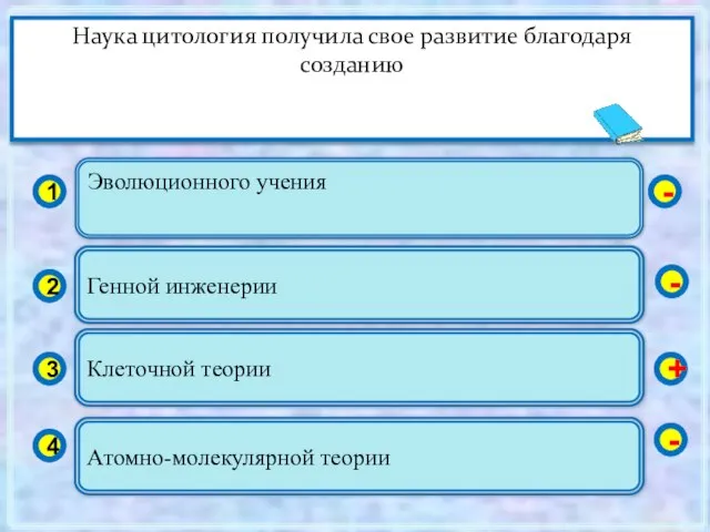 Эволюционного учения 1 2 3 4 Генной инженерии Клеточной теории Атомно-молекулярной теории