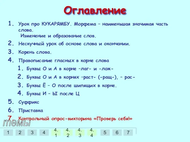 Оглавление Урок про КУКАРЯМБУ. Морфема – наименьшая значимая часть слова. Изменение и