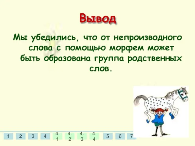 Вывод Мы убедились, что от непроизводного слова с помощью морфем может быть образована группа родственных слов.