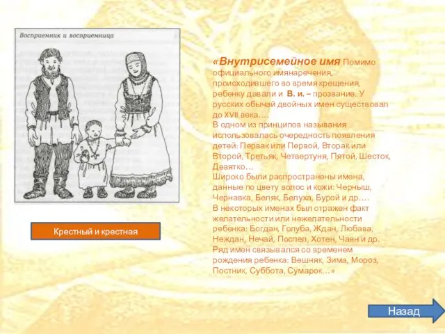 «Внутрисемейное имя Помимо официального имянаречения, происходившего во время крещения, ребенку давали и