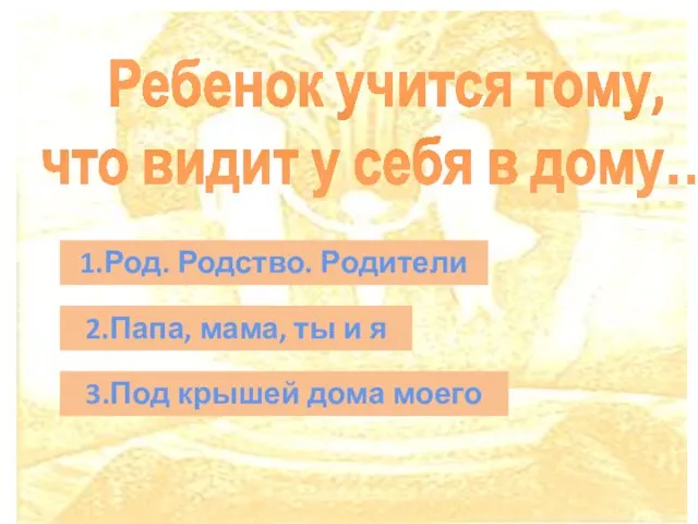 1.Род. Родство. Родители 3.Под крышей дома моего 2.Папа, мама, ты и я