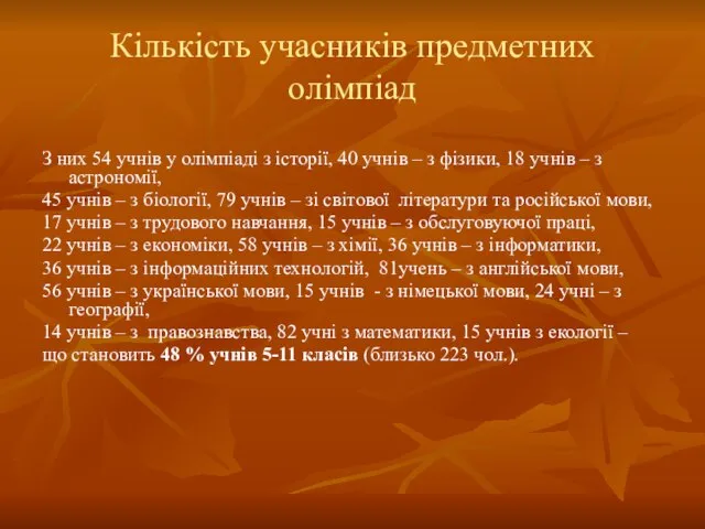 Кількість учасників предметних олімпіад З них 54 учнів у олімпіаді з історії,