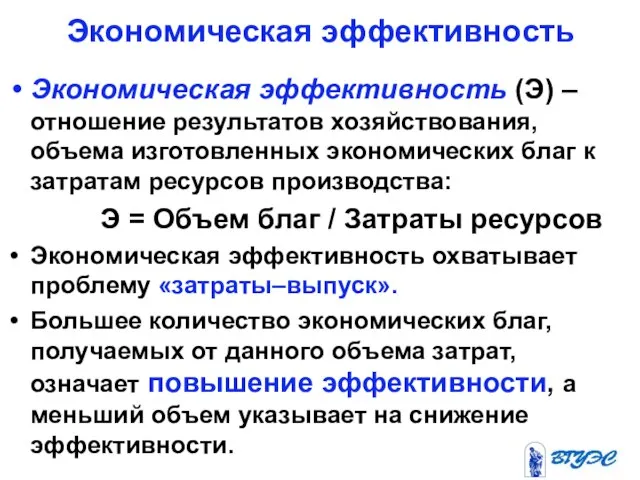 Экономическая эффективность (Э) – отношение результатов хозяйствования, объема изготовленных экономических благ к