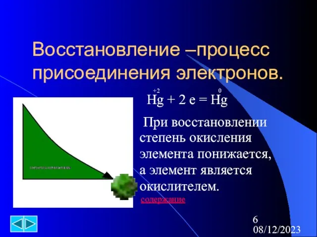 08/12/2023 Восстановление –процесс присоединения электронов. +2 0 Hg + 2 e =