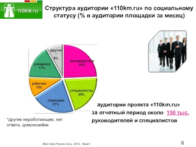 Структура аудитории «110km.ru» по социальному статусу (% в аудитории площадки за месяц)
