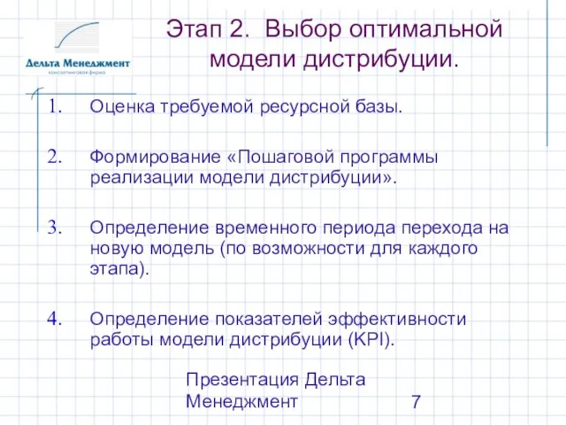 Презентация Дельта Менеджмент Этап 2. Выбор оптимальной модели дистрибуции. Оценка требуемой ресурсной